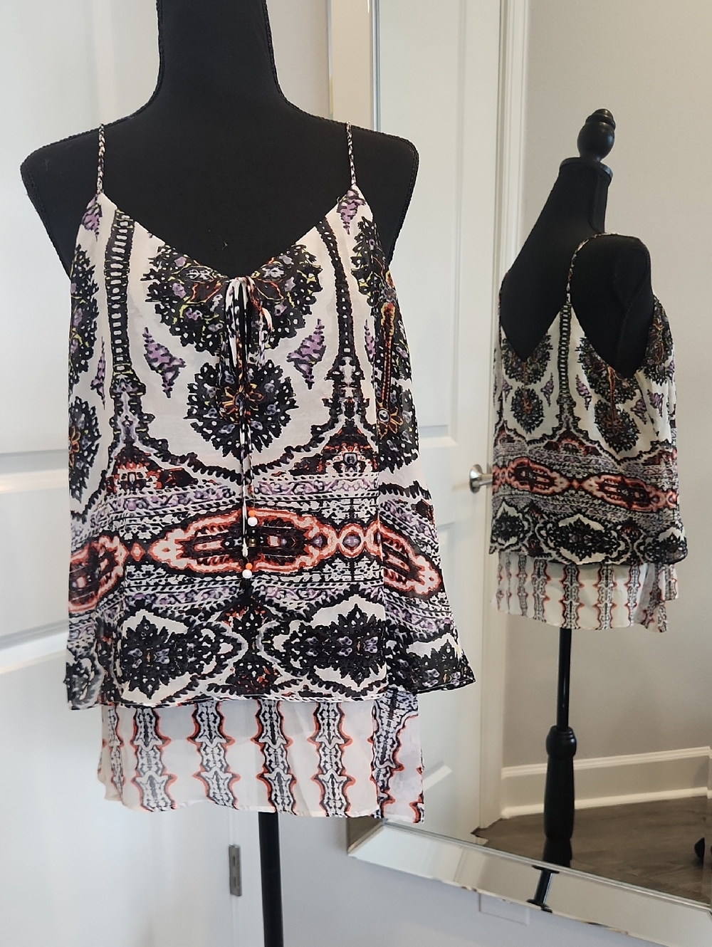 Hale Bob White Spaghetti-Strap Camisole with Black & Pink Motif